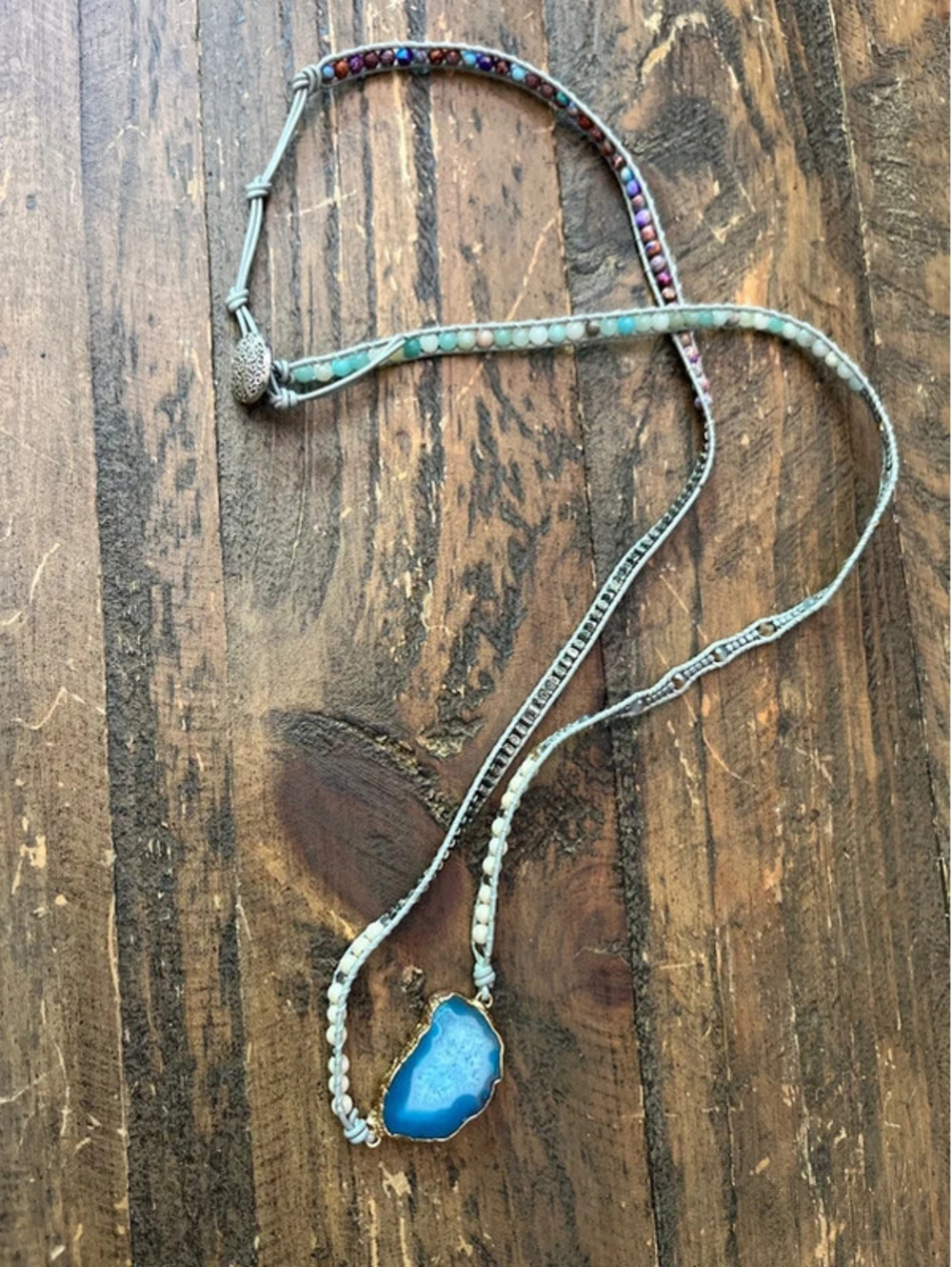0074 Boho Beaded Wrap Necklace with Blue Agate Pendant